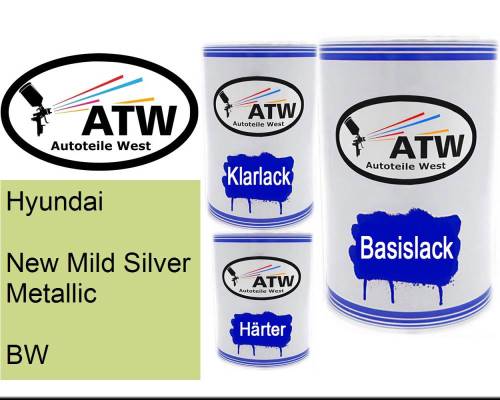 Hyundai, New Mild Silver Metallic, BW: 500ml Lackdose + 500ml Klarlack + 250ml Härter - Set, von ATW Autoteile West.